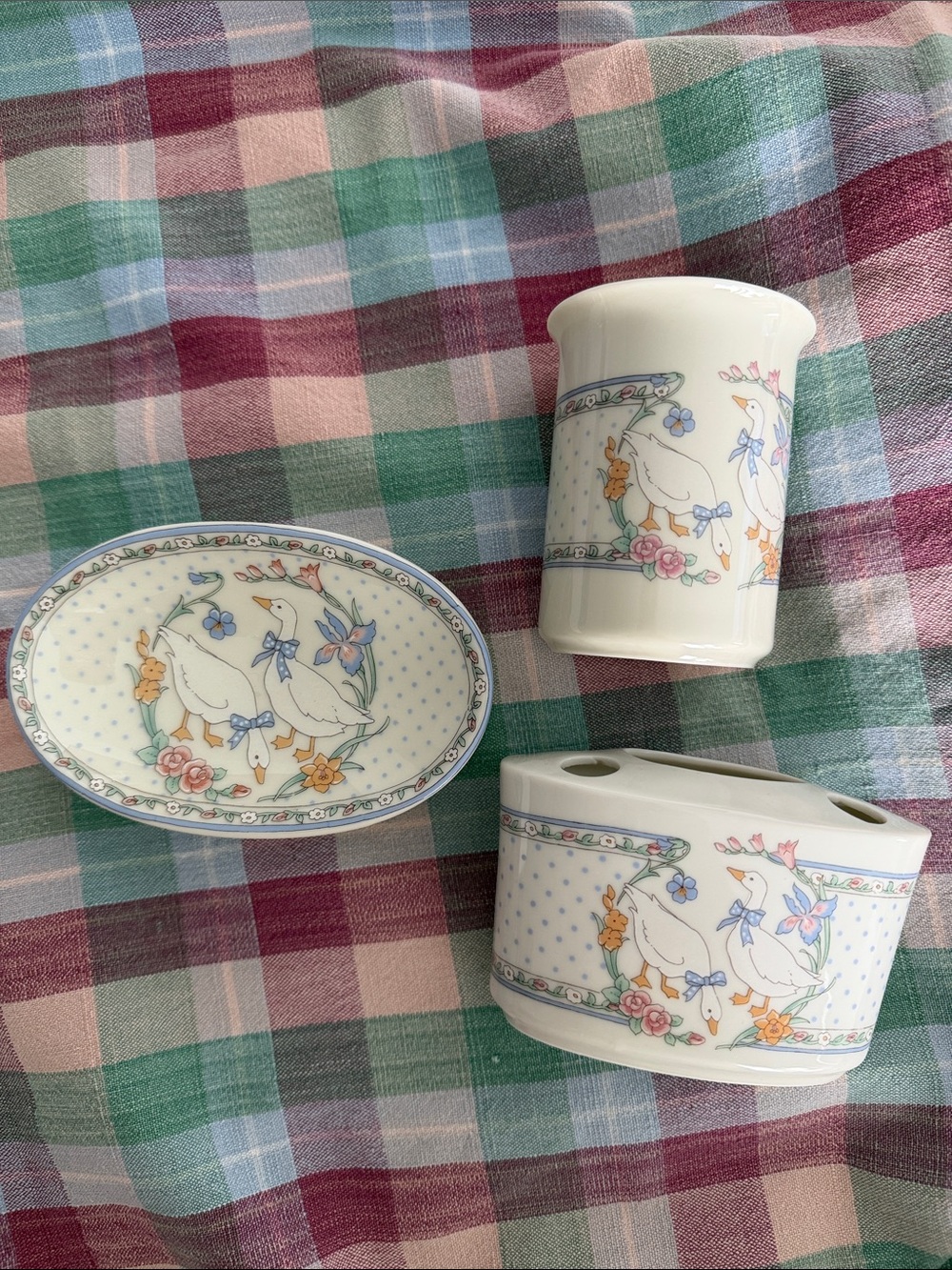 Duck & Floral Ceramic Bath Set - Toothbrush Holder, Cup, Soap Dish